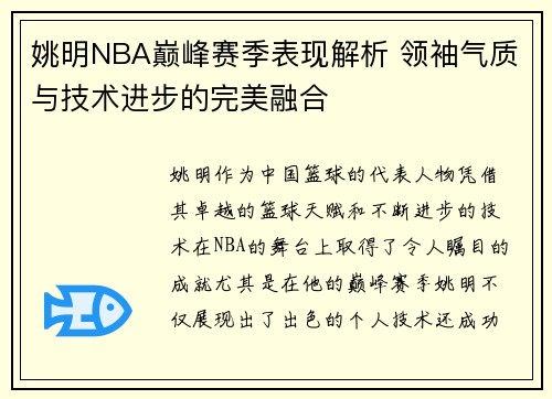 姚明NBA巅峰赛季表现解析 领袖气质与技术进步的完美融合