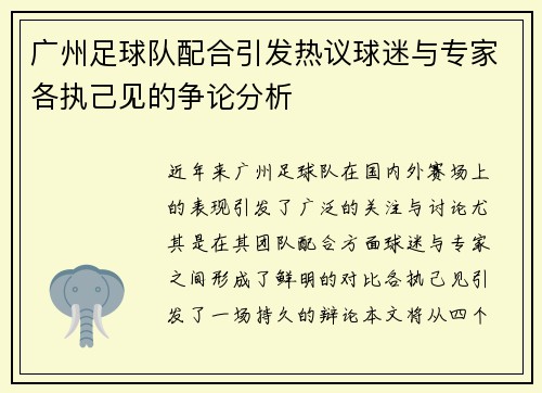 广州足球队配合引发热议球迷与专家各执己见的争论分析
