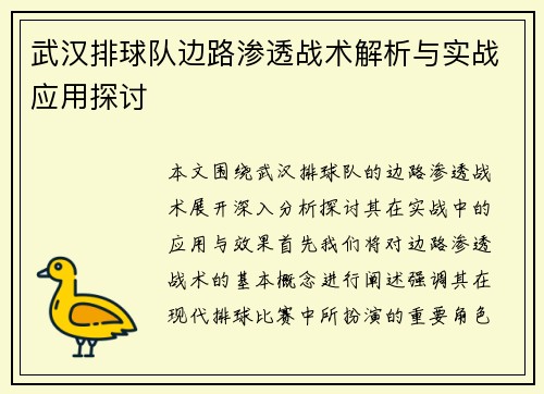 武汉排球队边路渗透战术解析与实战应用探讨